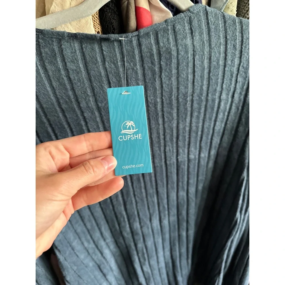 Cupshe Blue Ribbed Knit‎ Puff Sleeve Crochet V-Neck Top Size L NEW